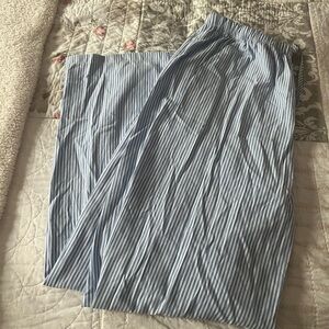 White and blue striped wide leg linen pants